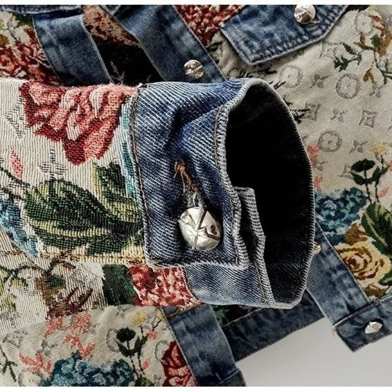 Chinese retro jacquard long-sleeved round neck denim jacket women&