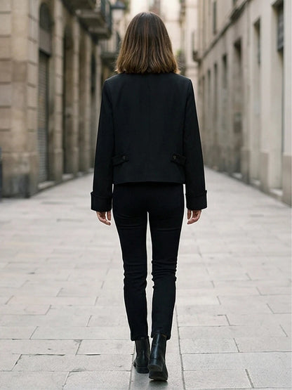 Willshela Women Fashion With Pad Solid Front Zipper Jackets Blazer Vintage Half High Neck Long Sleeves Female Chic Lady Outfits