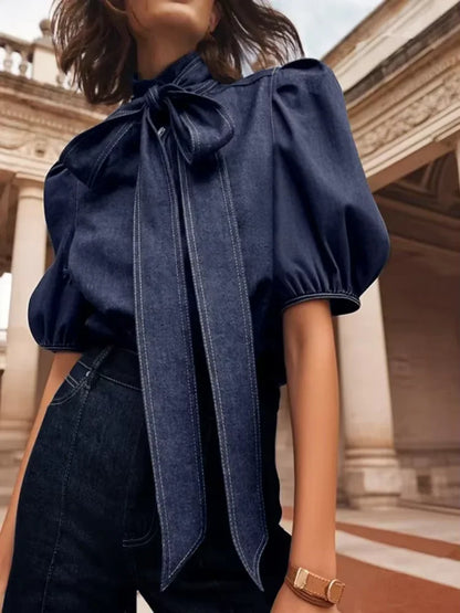 Gymystars New Trendy Imitation Denim Blouse Tops for Women Long Puff Sleeves Bow-Embellished High Neck Women&