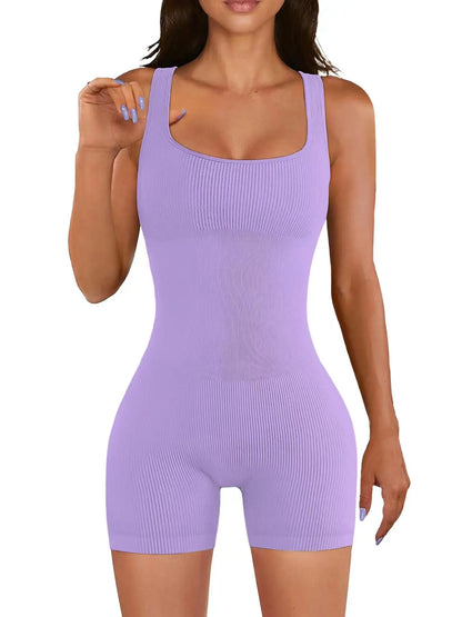 Square Neck Ribbed Shorts Gym Wear Bodysuit for Women