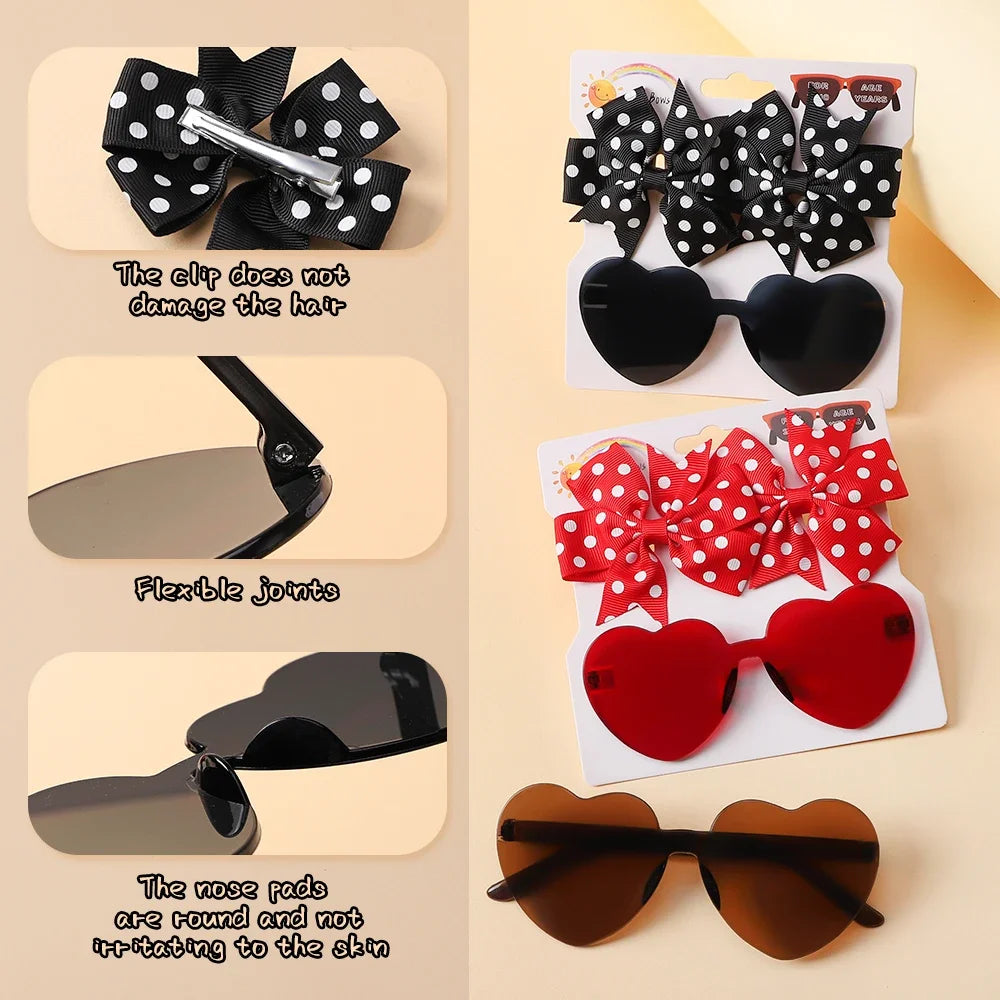 3Pcs Kids Cute Solid Dot Hairpin &amp; Colorful Heart Sunglasses Set