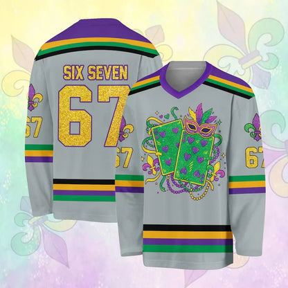 3D Print Mardi Gras Hockey Jersey | Glitter Carnival Long-Sleeve Streetwear T-Shirt