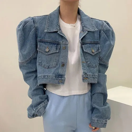 Matakawa Short Jackets Women Solid Autumn Puff Sleeve Vintage Korean Fashion  Denim Chaquetas Simple Elegant Veste Femme
