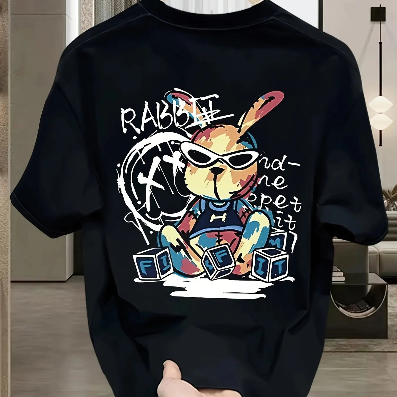 Men’s Summer Cotton Cartoon T-Shirt | Black Rabbit Print