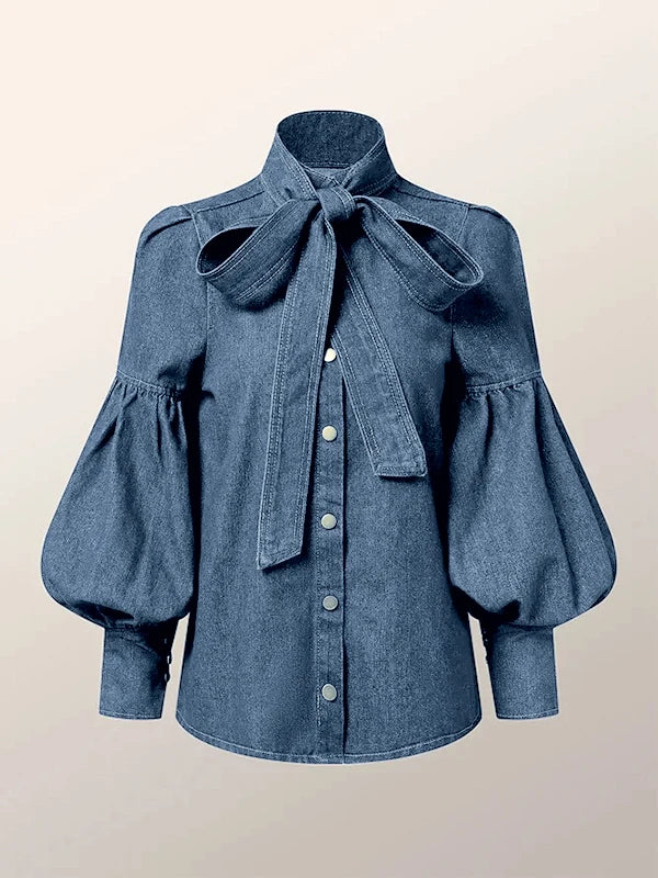 Gymystars New Trendy Imitation Denim Blouse Tops for Women Long Puff Sleeves Bow-Embellished High Neck Women&