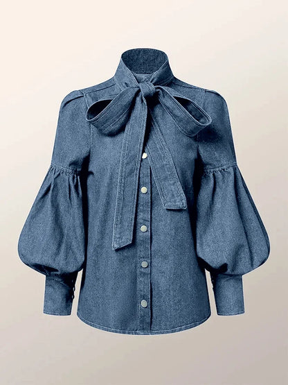 Gymystars New Trendy Imitation Denim Blouse Tops for Women Long Puff Sleeves Bow-Embellished High Neck Women&