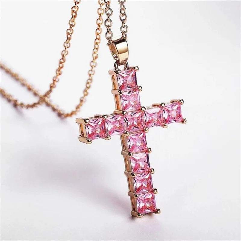 Golden Multicolor Crystal Cross Pendant Necklace