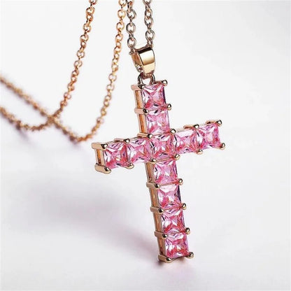 Golden Multicolor Crystal Cross Pendant Necklace