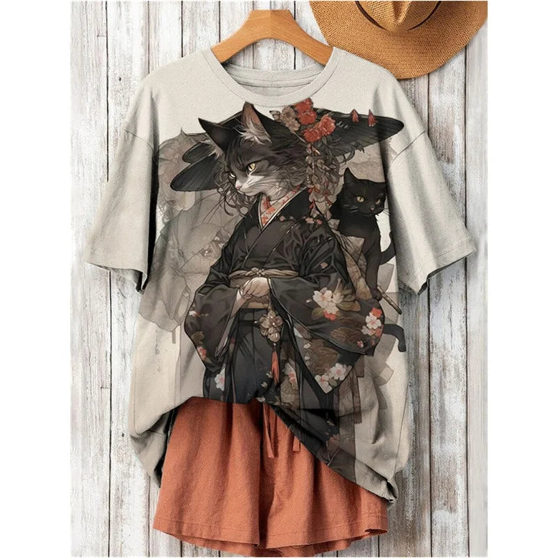 3D Printed Japanese Cat T-Shirt | Harajuku Cartoon Oversized Tee