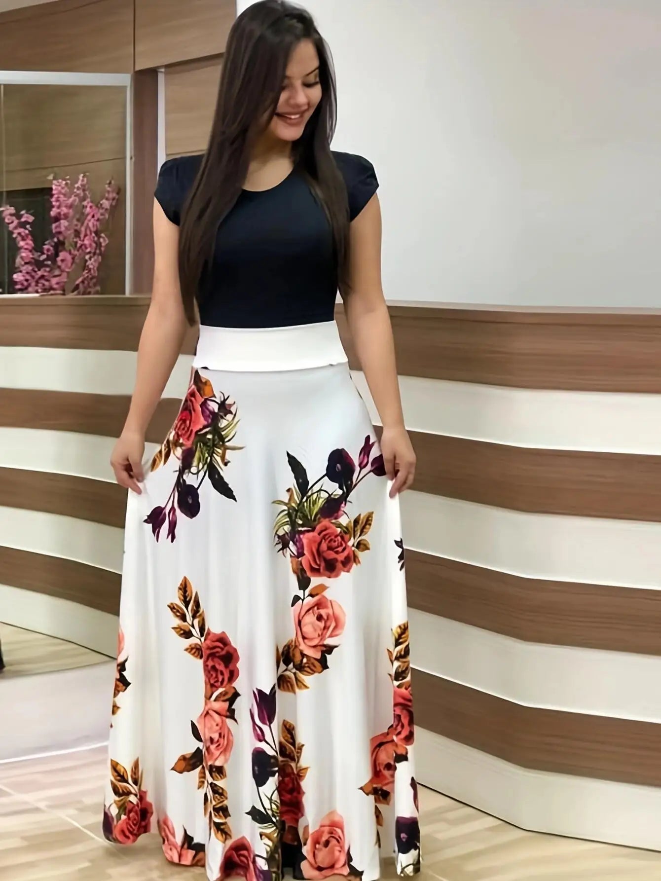 European and American Style Flower Print Dress