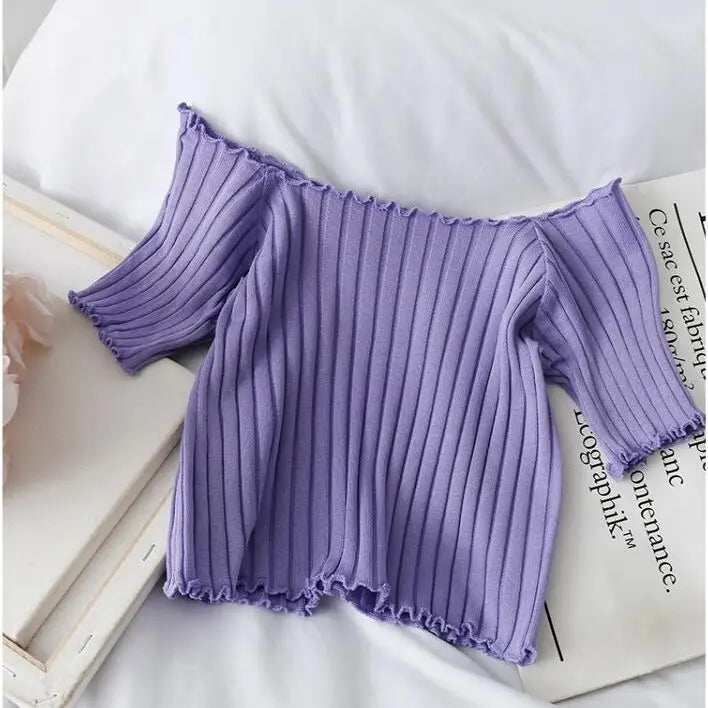 Women’s Off-Shoulder Knitted Slim Fit Knitted Short Sleeve Y2K Tee