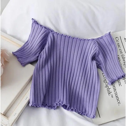 Women’s Off-Shoulder Knitted Slim Fit Knitted Short Sleeve Y2K Tee