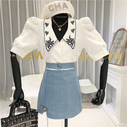 Vintage Half Sleeve Peter Pan Collar Shirt for Women