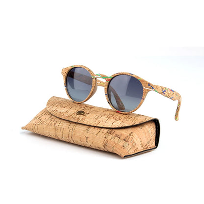 Round Bamboo Grain Polarized Sunglasses with Case – Unisex Wooden Style Shades