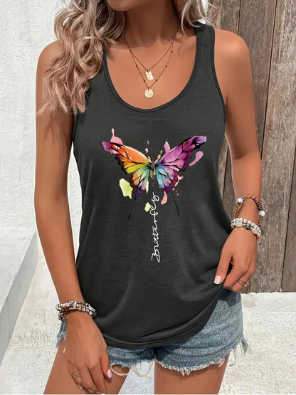 Colorful butterfly Print Women Tank Top Sleeveless Casual Summer New Crew Neck Tops for Women Clothes