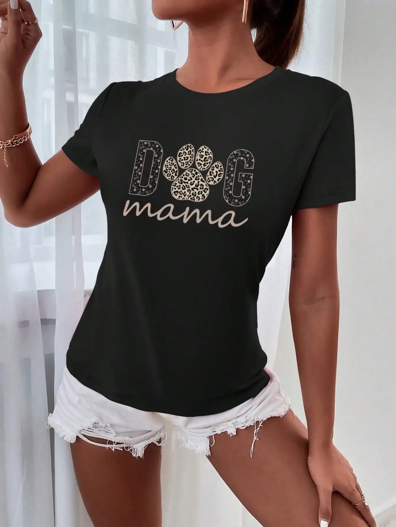Dog Mom Graphic T-Shirt | Cute Cheetah Print Short Sleeve Tee for Women