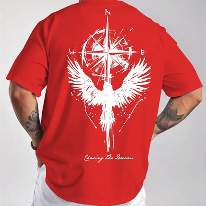 Men’s Cotton Compass &amp; Bird Print T-Shirt