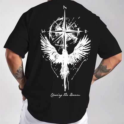 Men’s Cotton Compass &amp; Bird Print T-Shirt