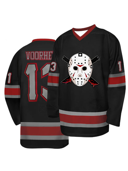 Horror Hockey Jersey “Voorhees 13” | Jason Mask Graphic Unisex Long Sleeve Sports Jersey