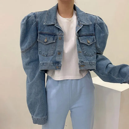 Matakawa Short Jackets Women Solid Autumn Puff Sleeve Vintage Korean Fashion  Denim Chaquetas Simple Elegant Veste Femme