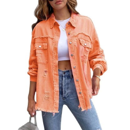 2025 Holes Raw-edges Denim Jacket Women Spring Autumn Shirt Style Jeancoat Casual Top Rose-Red Orange Purple Outerwear Lady Coat