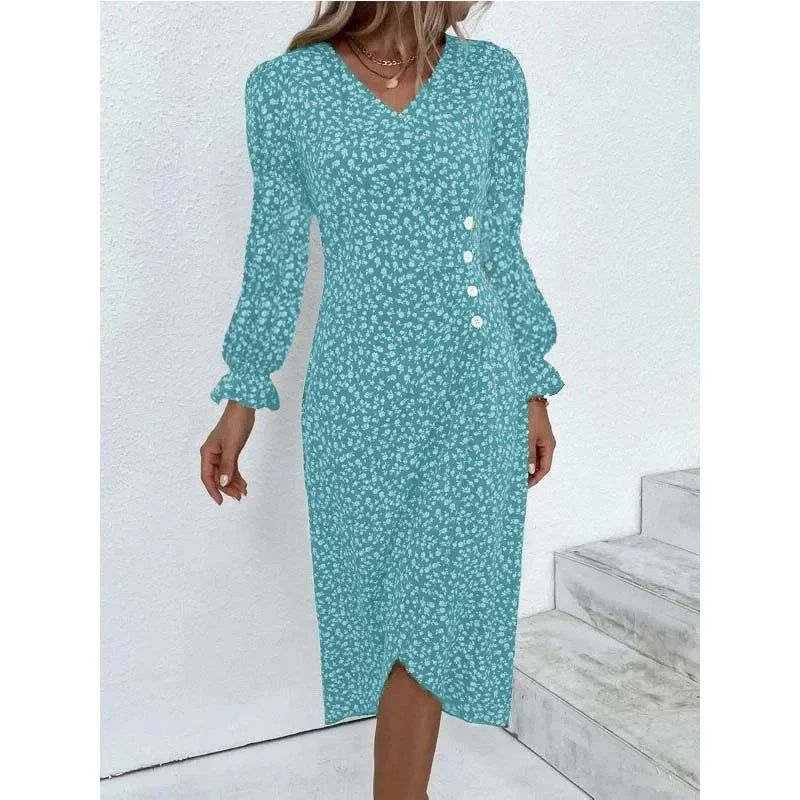 Elegant Floral Pleated Midi Dress with Puff Sleeves for Women