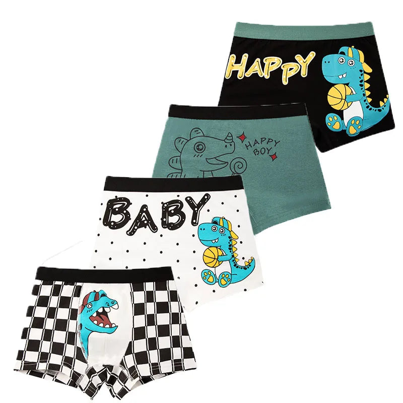 4 Pcs Kids’ Boxer Shorts Set | Cartoon Dinosaur Cotton Underwear