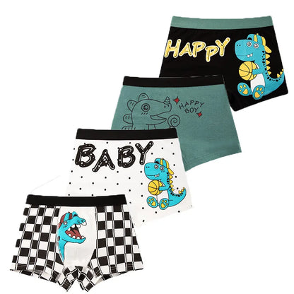 4 Pcs Kids’ Boxer Shorts Set | Cartoon Dinosaur Cotton Underwear