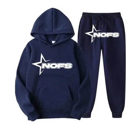Streetwear NOFS Star Print Tracksuit Black Hoodie and Joggers Set for Men Women