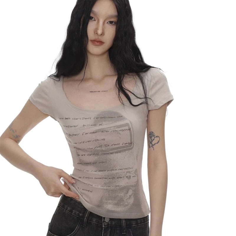 Retro Skinny Fit Letter Print T-Shirt for Women
