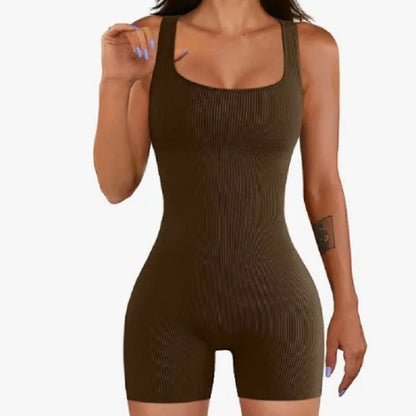 Square Neck Ribbed Shorts Gym Wear Bodysuit for Women