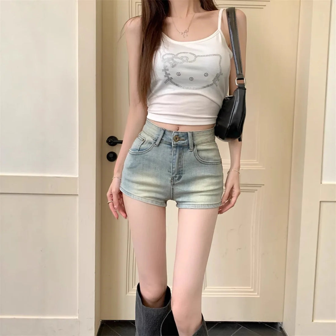 High-Waisted Light Blue Denim Shorts | Vintage Wash Button Fly Summer Pants
