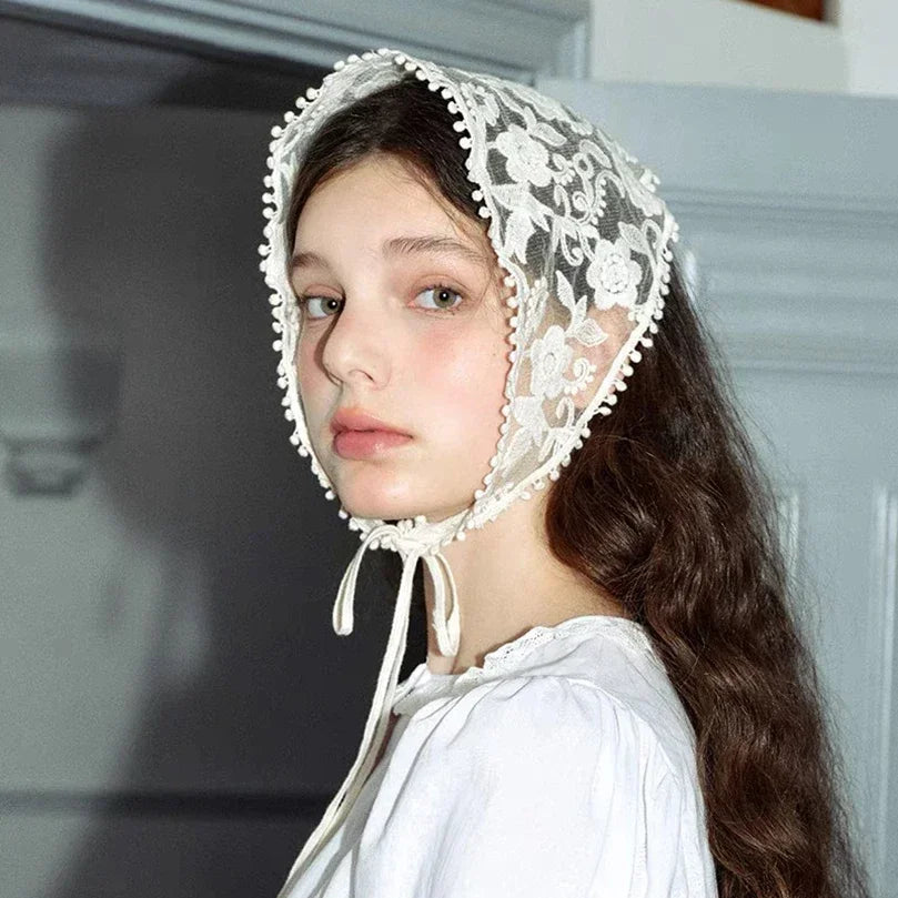 White Woven Floral Lace Headscarf for Women