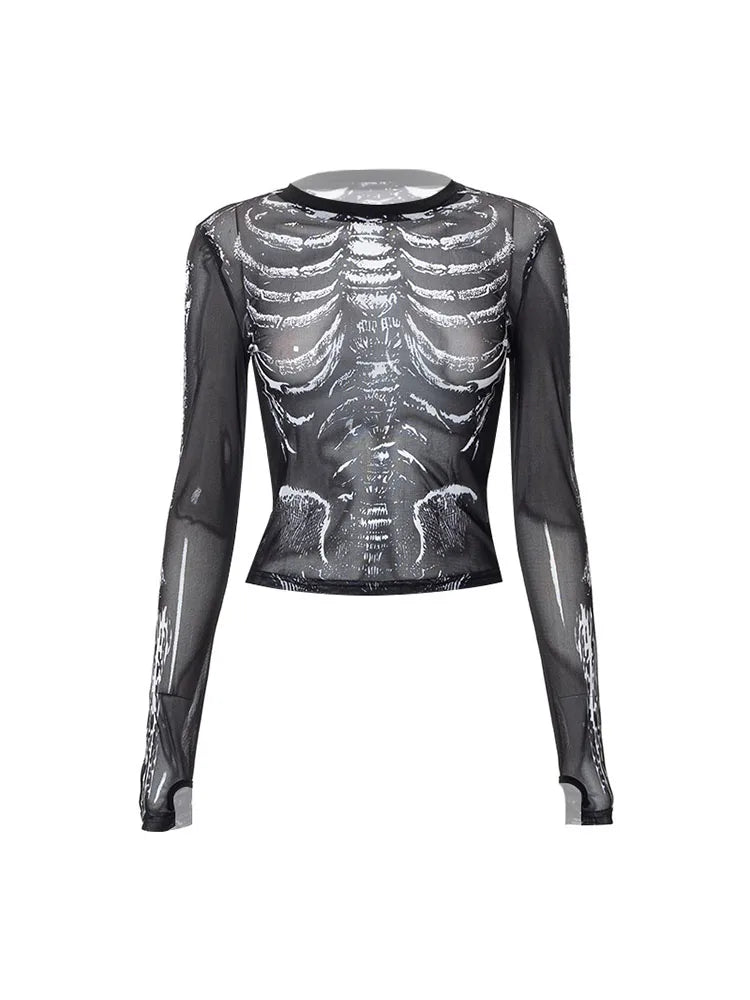Gothic Punk Shirt Women Skeleton Pattern Crop Top