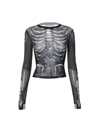 Gothic Punk Shirt Women Skeleton Pattern Crop Top