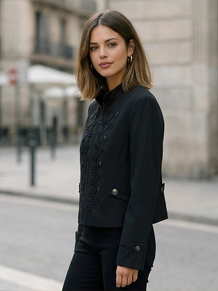 Willshela Women Fashion With Pad Solid Front Zipper Jackets Blazer Vintage Half High Neck Long Sleeves Female Chic Lady Outfits