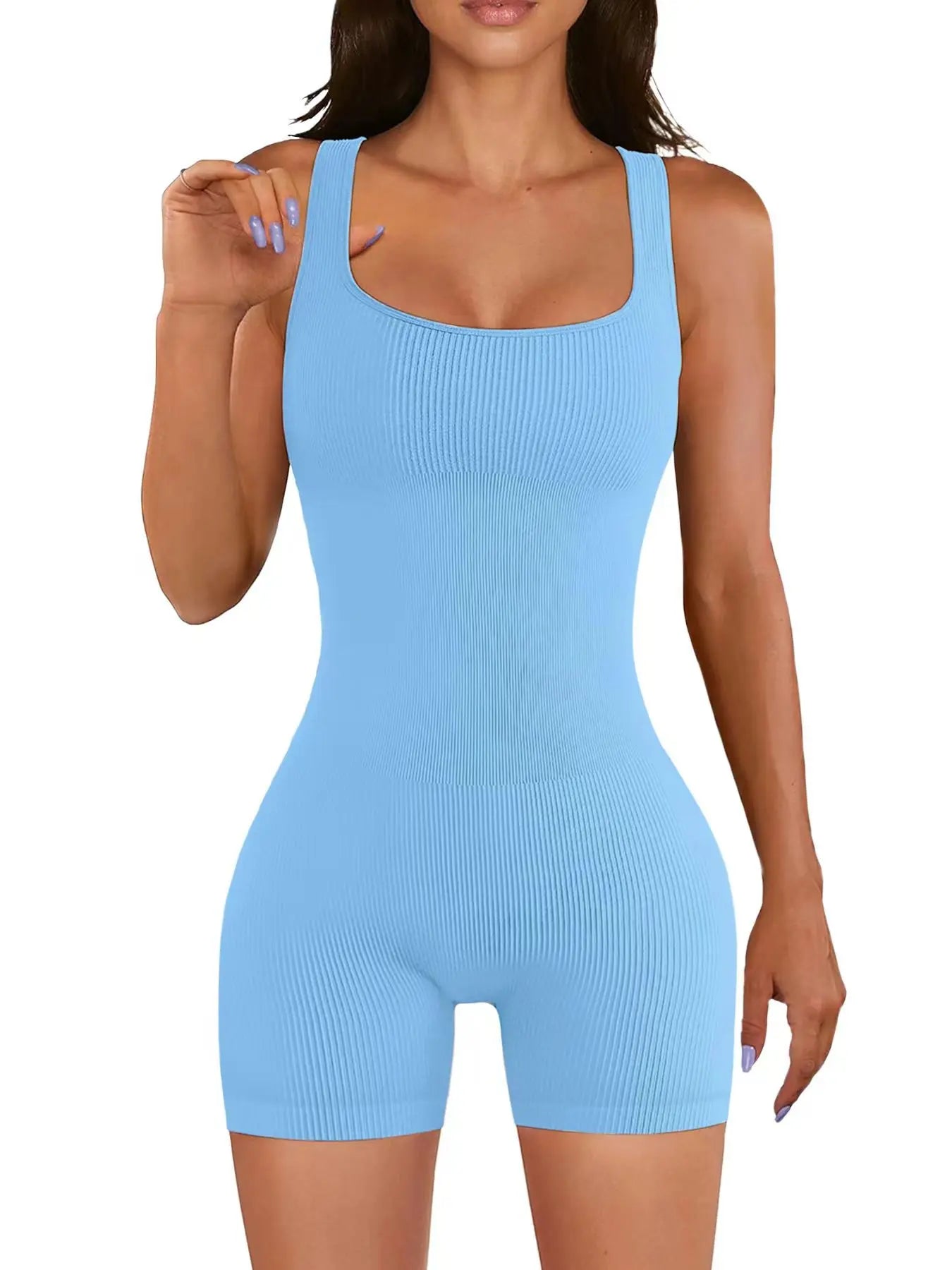 Square Neck Ribbed Shorts Gym Wear Bodysuit for Women