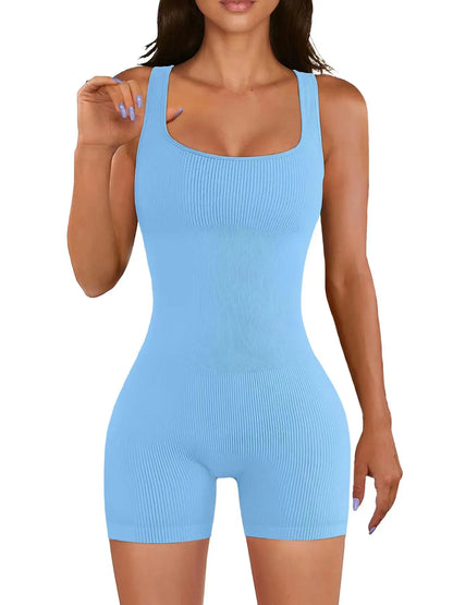 Square Neck Ribbed Shorts Gym Wear Bodysuit for Women