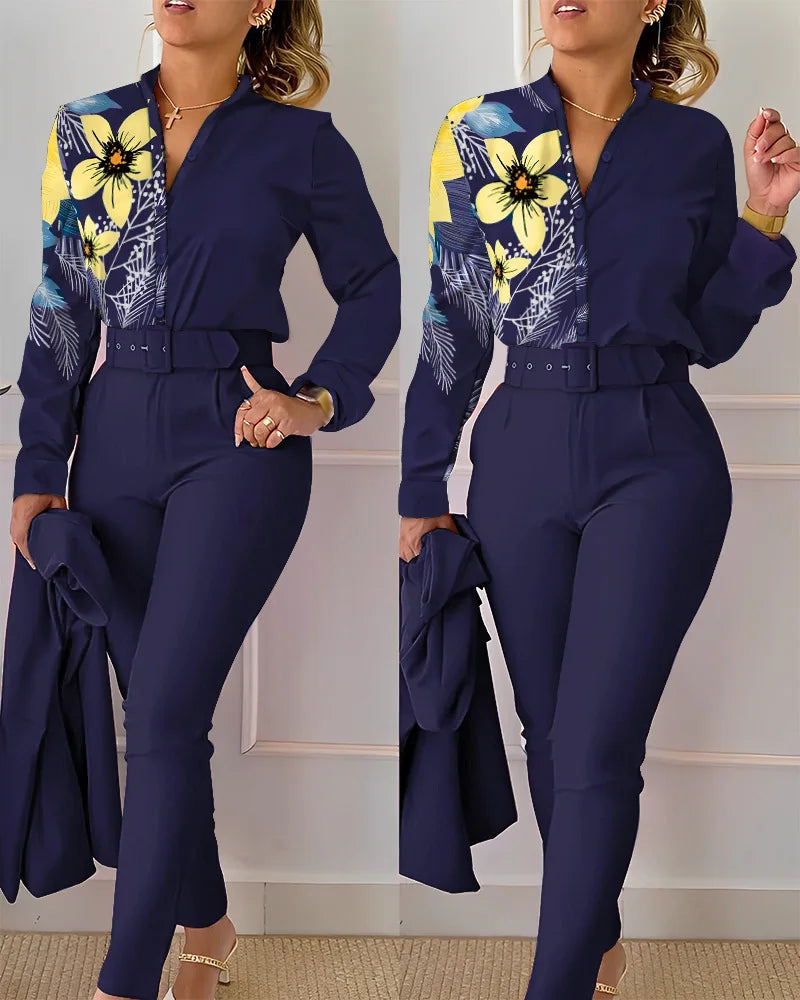 Elegant Print Shirt and Pants Two-Piece Set for Women