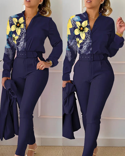 Elegant Print Shirt and Pants Two-Piece Set for Women