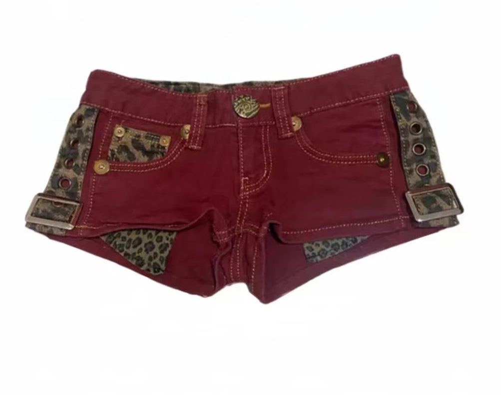 sexy leopard print red denim shorts women&
