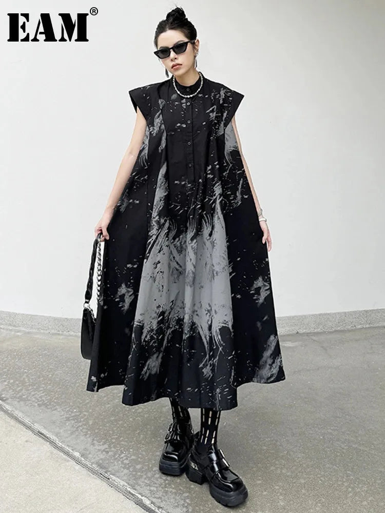 Women’s Black Pattern Printed Midi Shirt Dress
