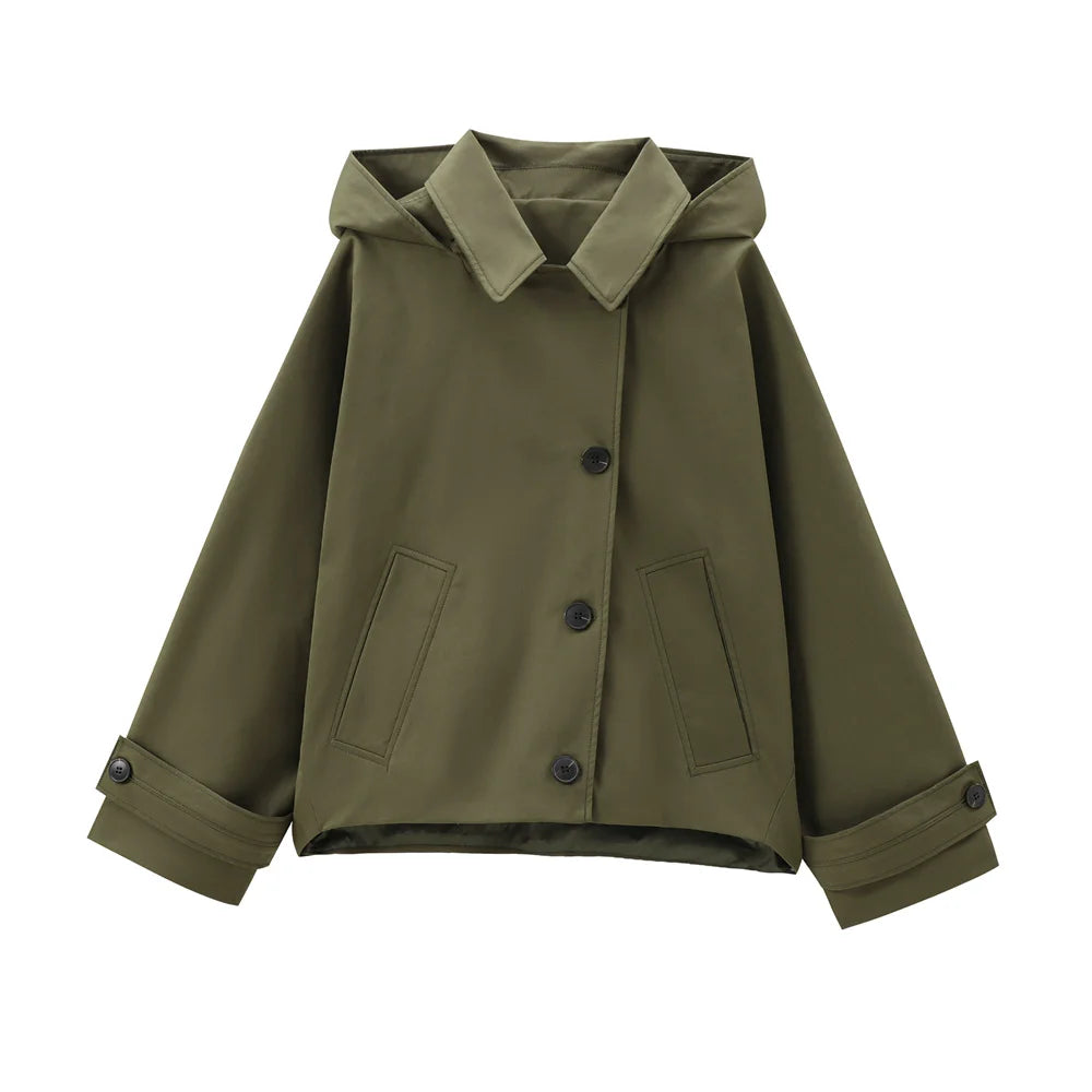 Autumn new European and American style hooded long sleeved lapel jacket single breasted trench coat short jacket