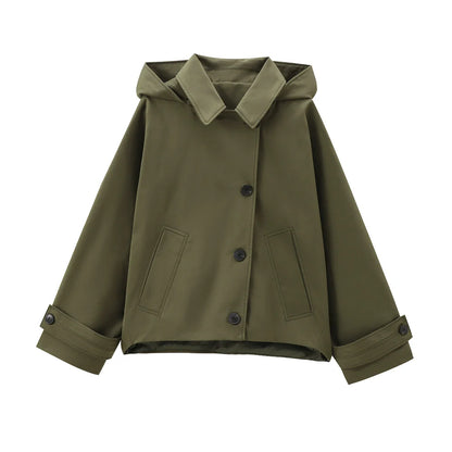 Autumn new European and American style hooded long sleeved lapel jacket single breasted trench coat short jacket