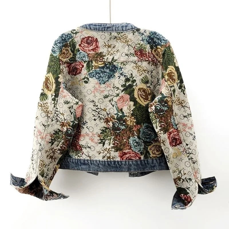 Chinese retro jacquard long-sleeved round neck denim jacket women&