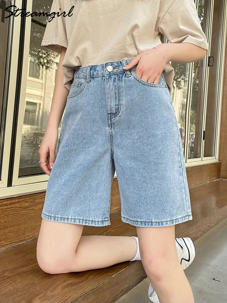Streamgirl High Waisted Jeans Shorts Women 2025 Vintage Shorts Denim Loose Female Short Straight Jeans Shorts For Women Summer
