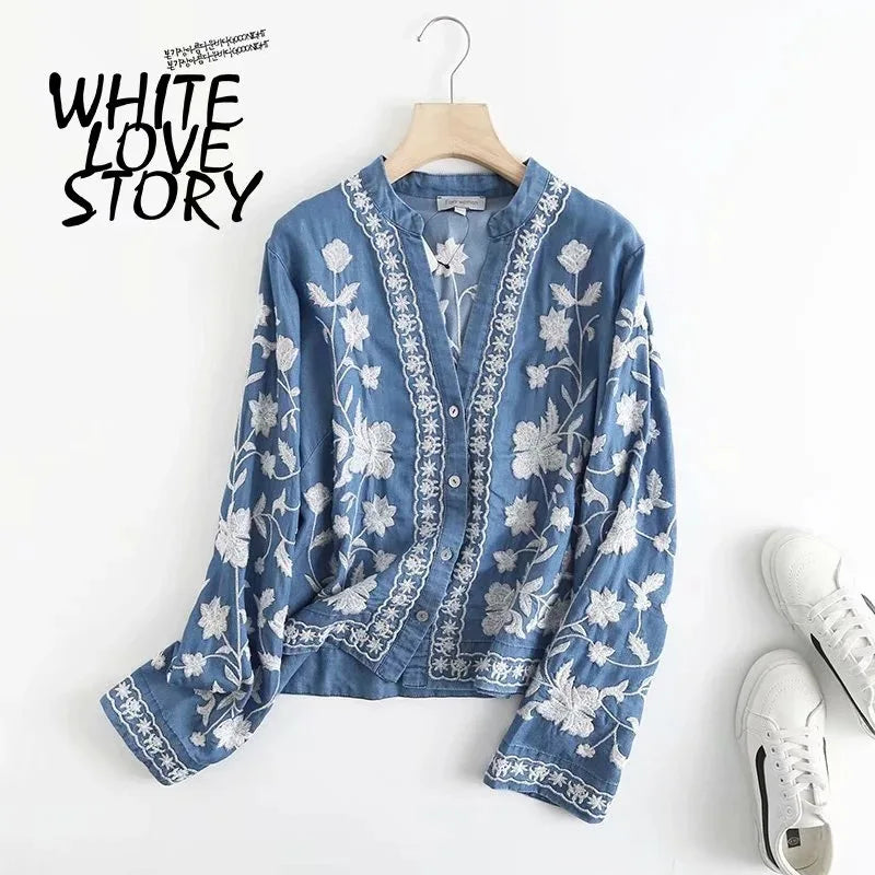 3/4 Sleeve Denim Shirt Women&