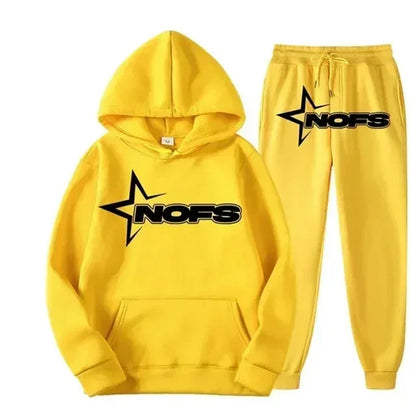 Streetwear NOFS Star Print Tracksuit Black Hoodie and Joggers Set for Men Women