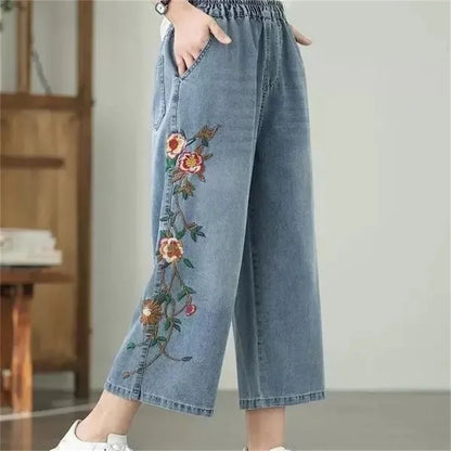 Artistic retro Heavy industry Embroidered Denim Wide leg Pants Spring Summer 2025 New Women&