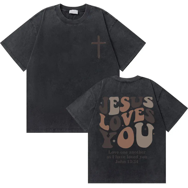 Washed Vintage Christian Jesus Good News God Loves You Bible Verse Graphic T-shirts Men Women Fashion Casual Oversized T Shirt
